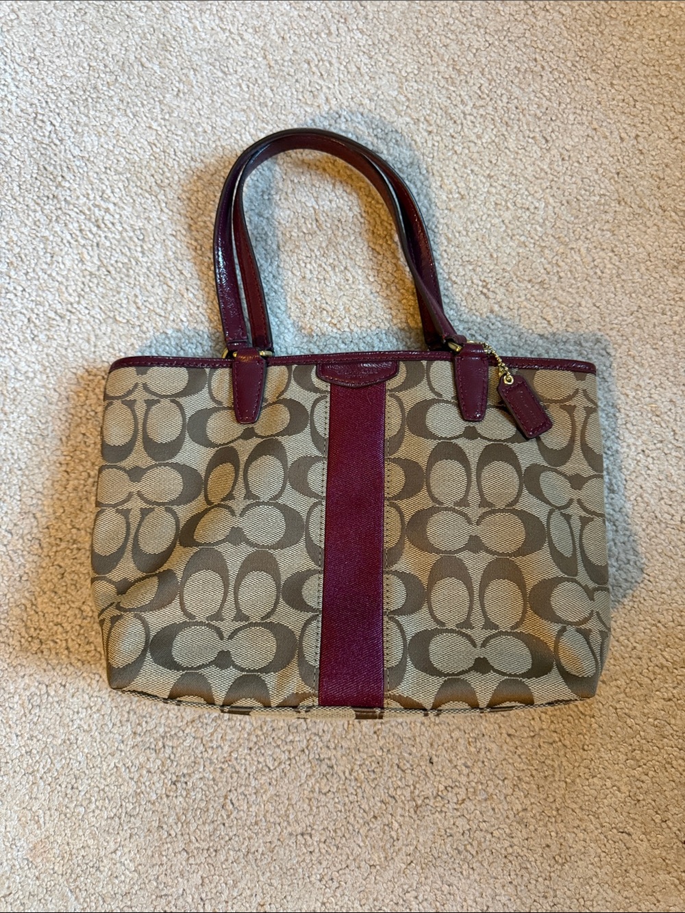 Coach Signature Tote in Khaki Canvas with Burgundy Trim